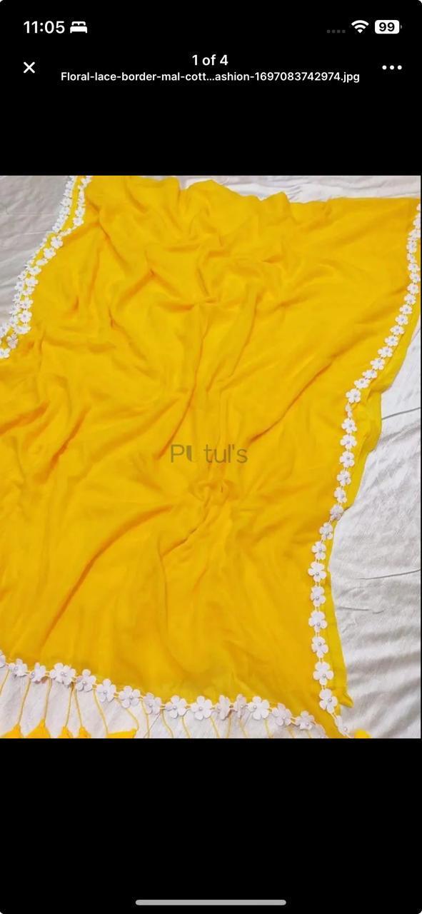 mul cotton saree with lace border - Yellow - mal cotton