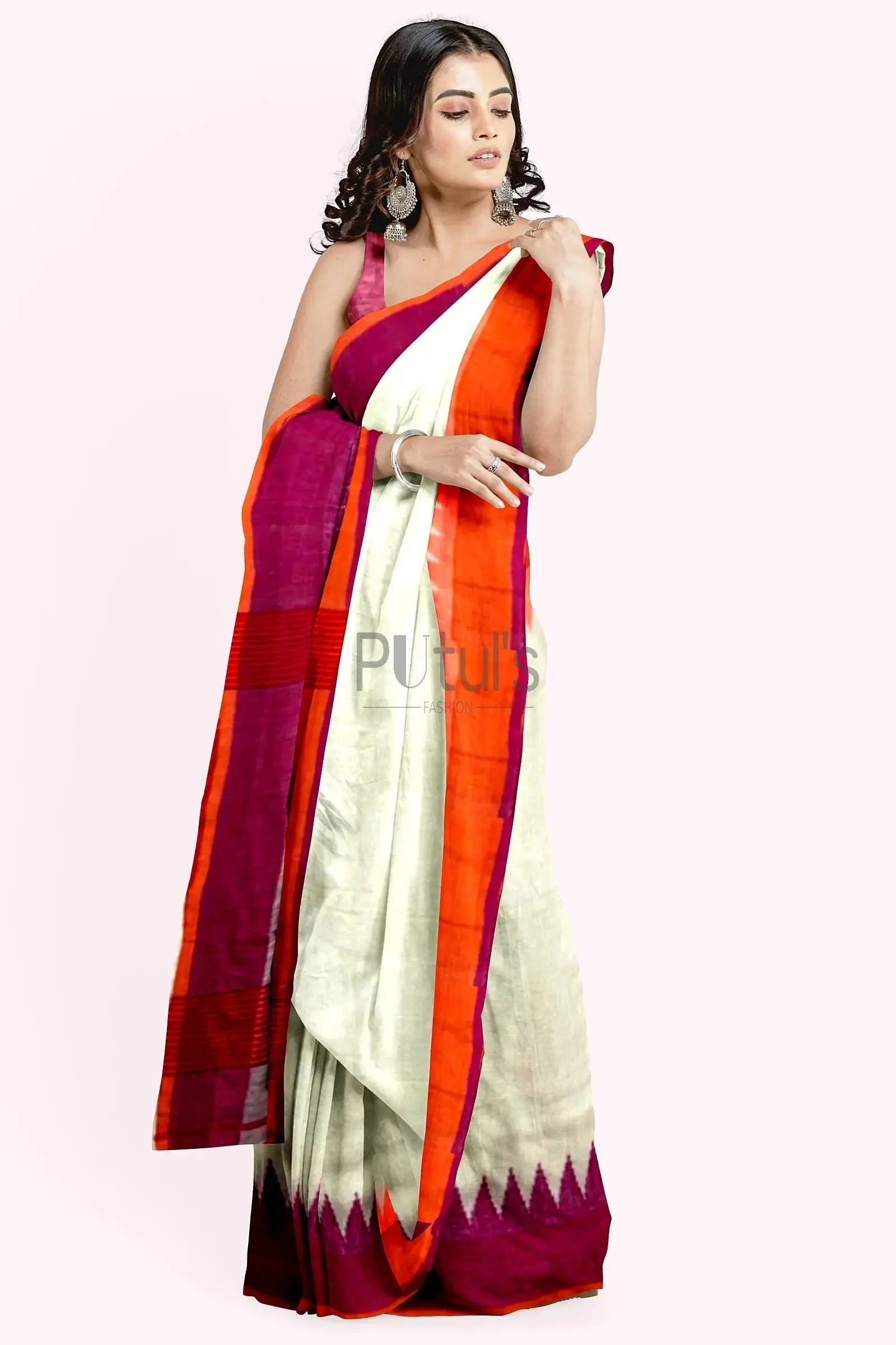 Ganga yamuna white organic linen saree - Putul's Fashion