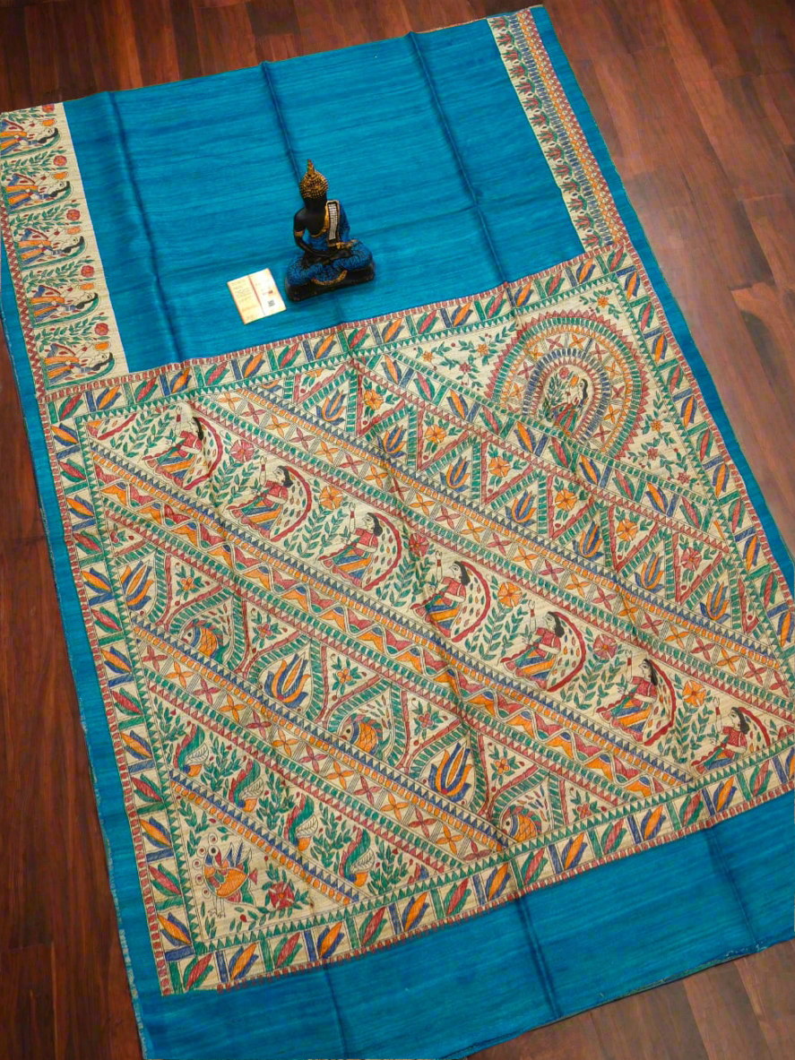 Madhubani hand painting on desi tussar saree - Tussar saree