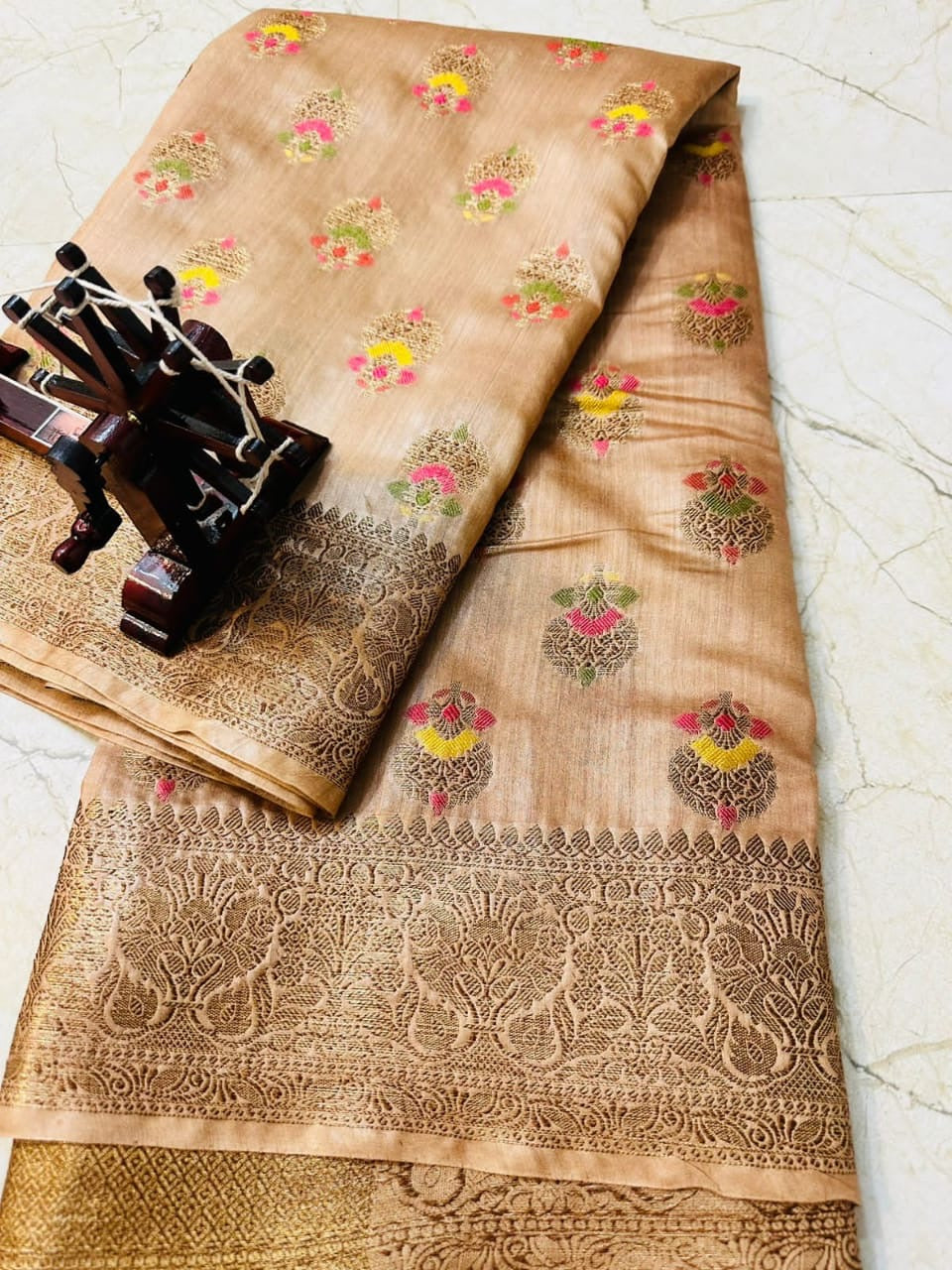 Tussar Muga banarasi saree silk mark certified meenakari weaving - Cream - muga banarasi