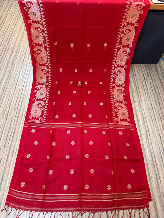 Red coloured kolka Linen Jamdani saree - Linen Saree
