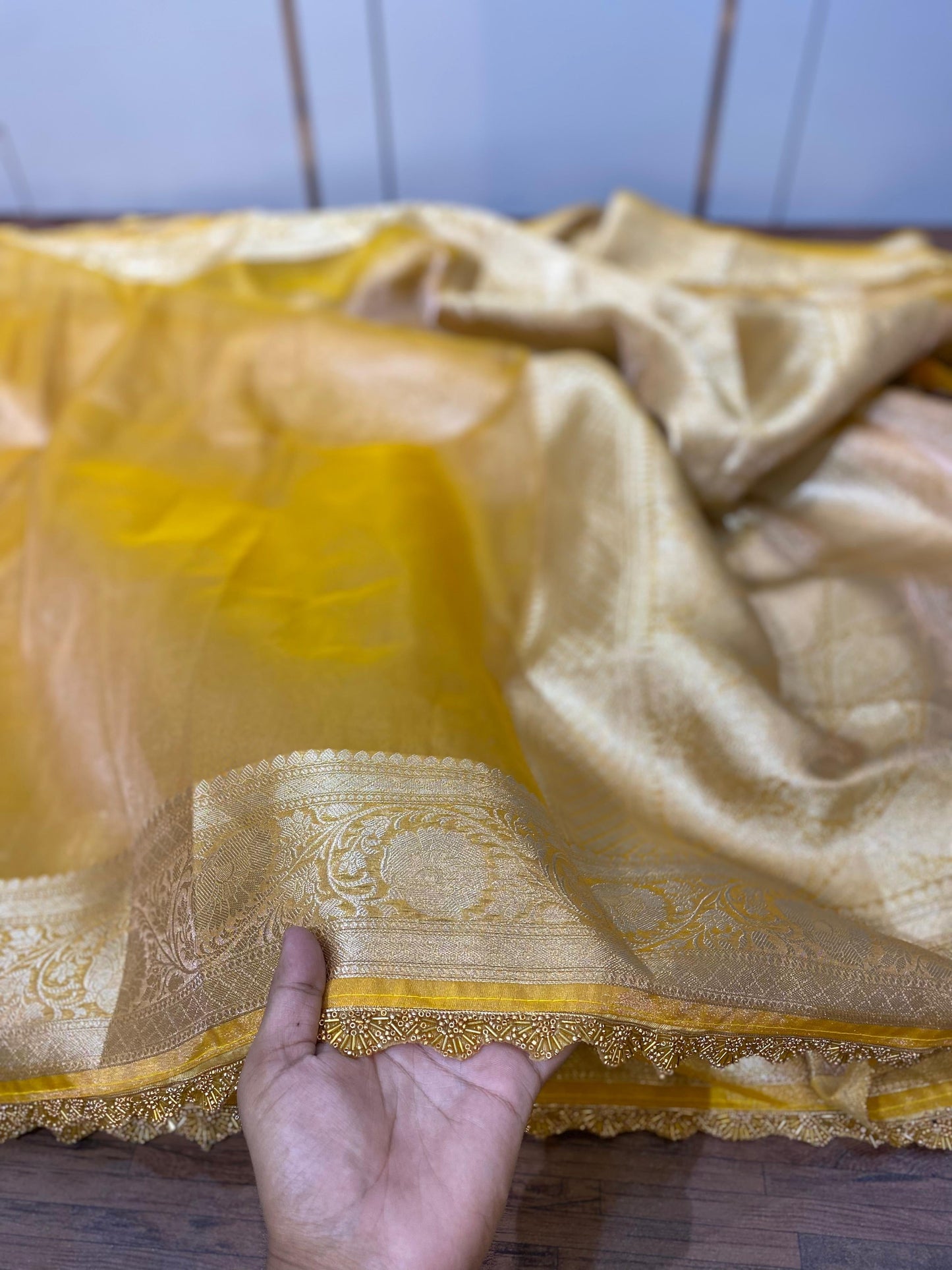 Crushed tissue Banarasi saree with heavy lace border - Yellow - Banarasi Saree