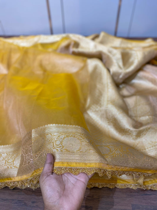 Crushed tissue Banarasi saree with heavy lace border - Yellow - Banarasi Saree