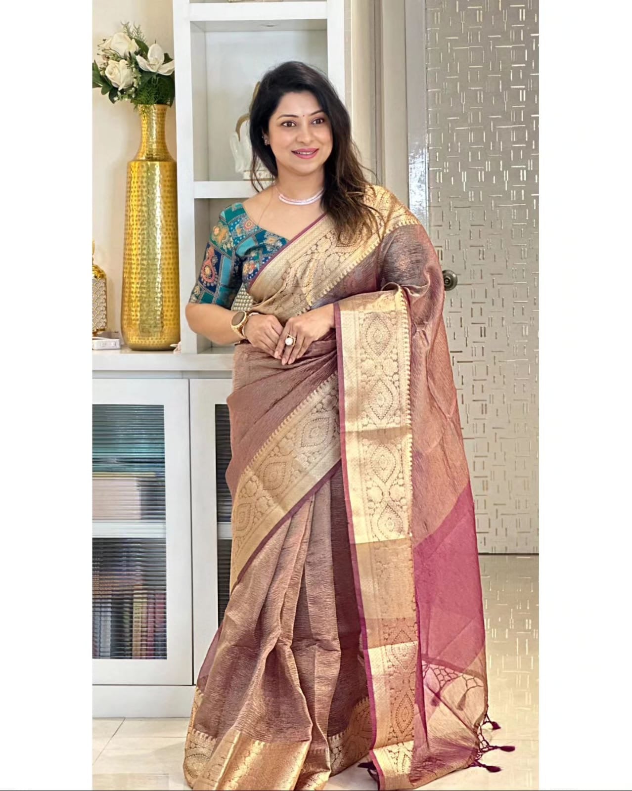 Crushed Tissue Banarasi Saree for Timeless Traditional Elegance - Rose gold - Tissue saree