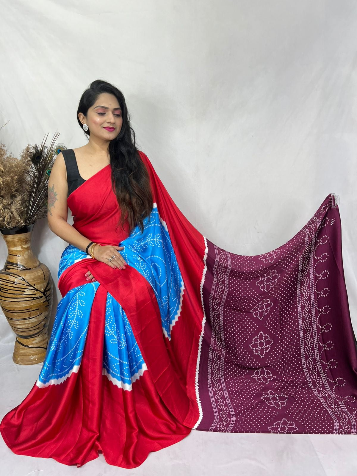 Bandhni designed semi modal silk saree - Modal silk