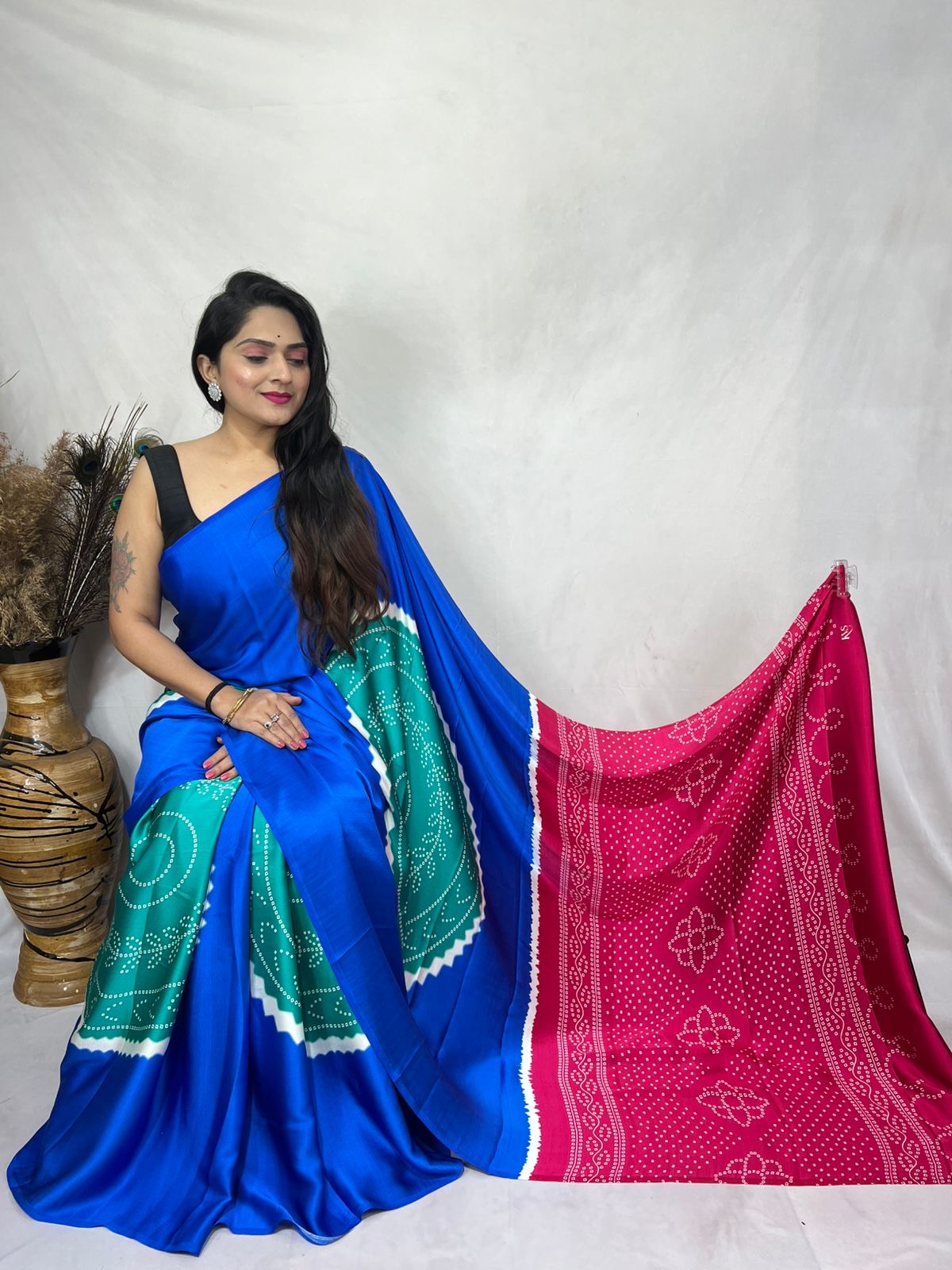 Bandhni designed semi modal silk saree - Blue - Modal silk