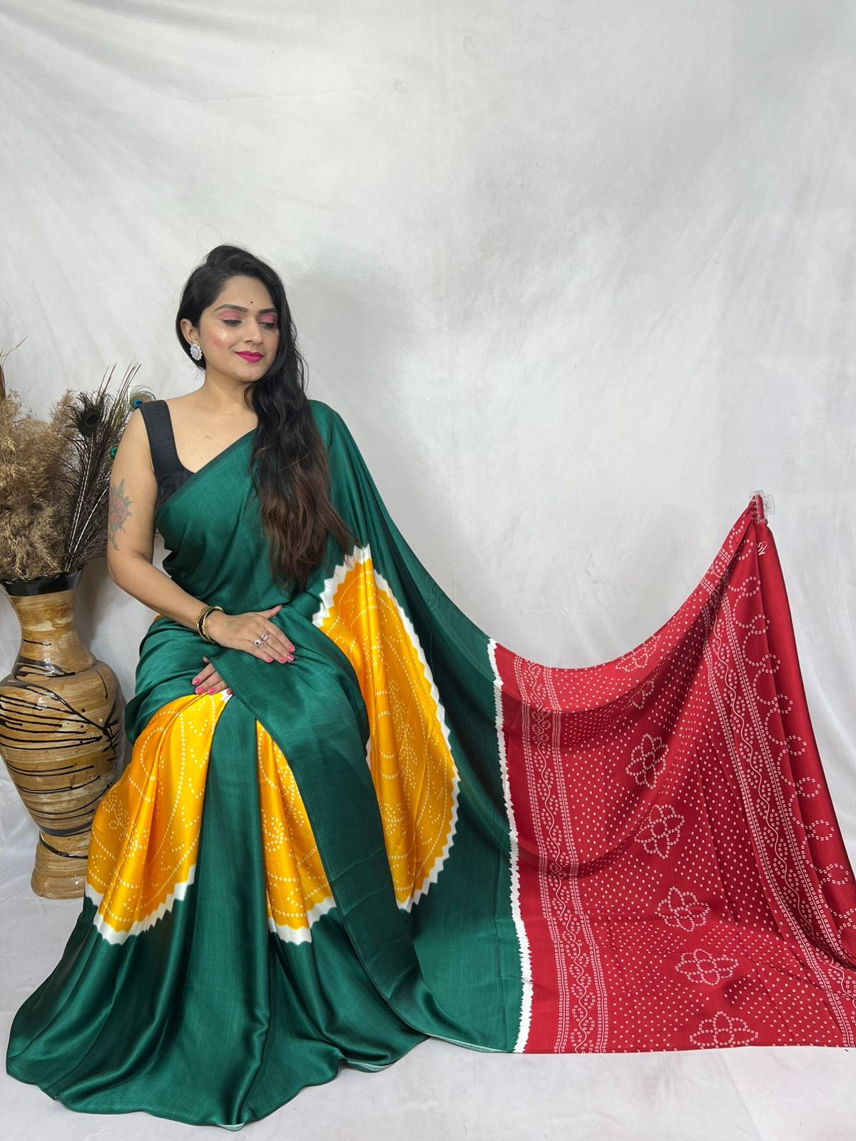 Bandhni designed semi modal silk saree - Deep green - Modal silk