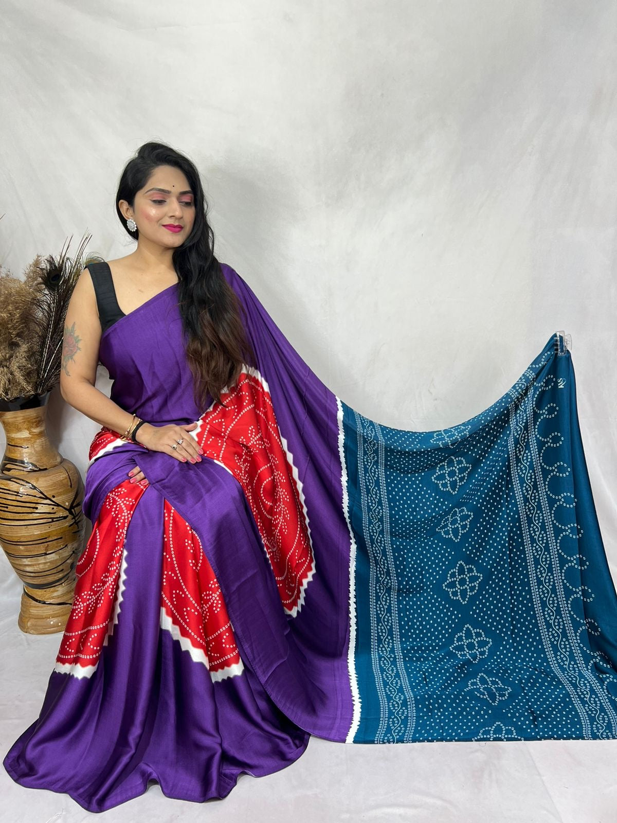 Bandhni designed semi modal silk saree - Purple - Modal silk