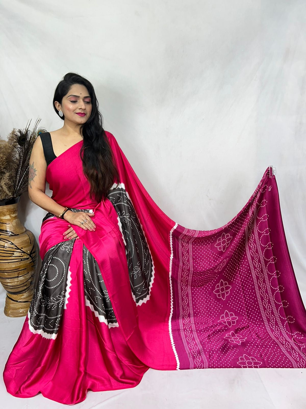 Bandhni designed semi modal silk saree - Rani - Modal silk