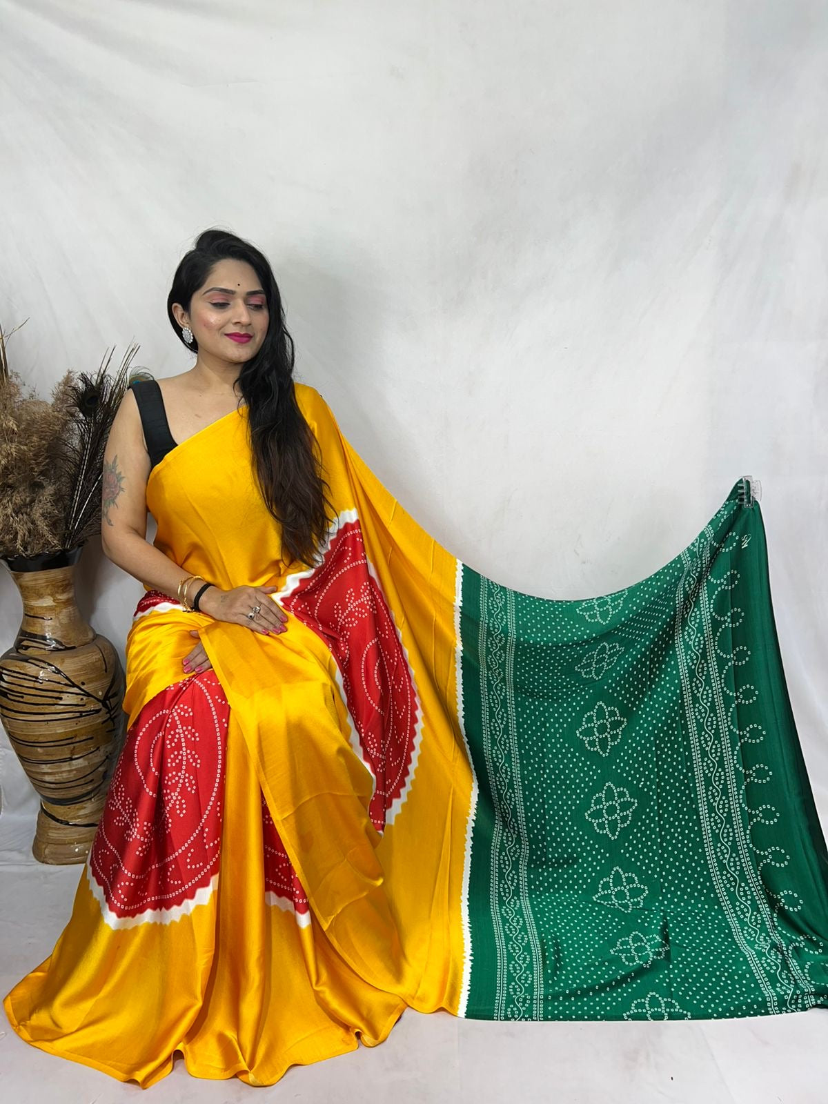 Bandhni designed semi modal silk saree - Yellow - Modal silk