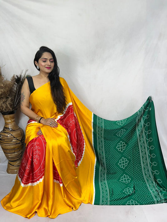 Bandhni designed semi modal silk saree - Yellow - Modal silk