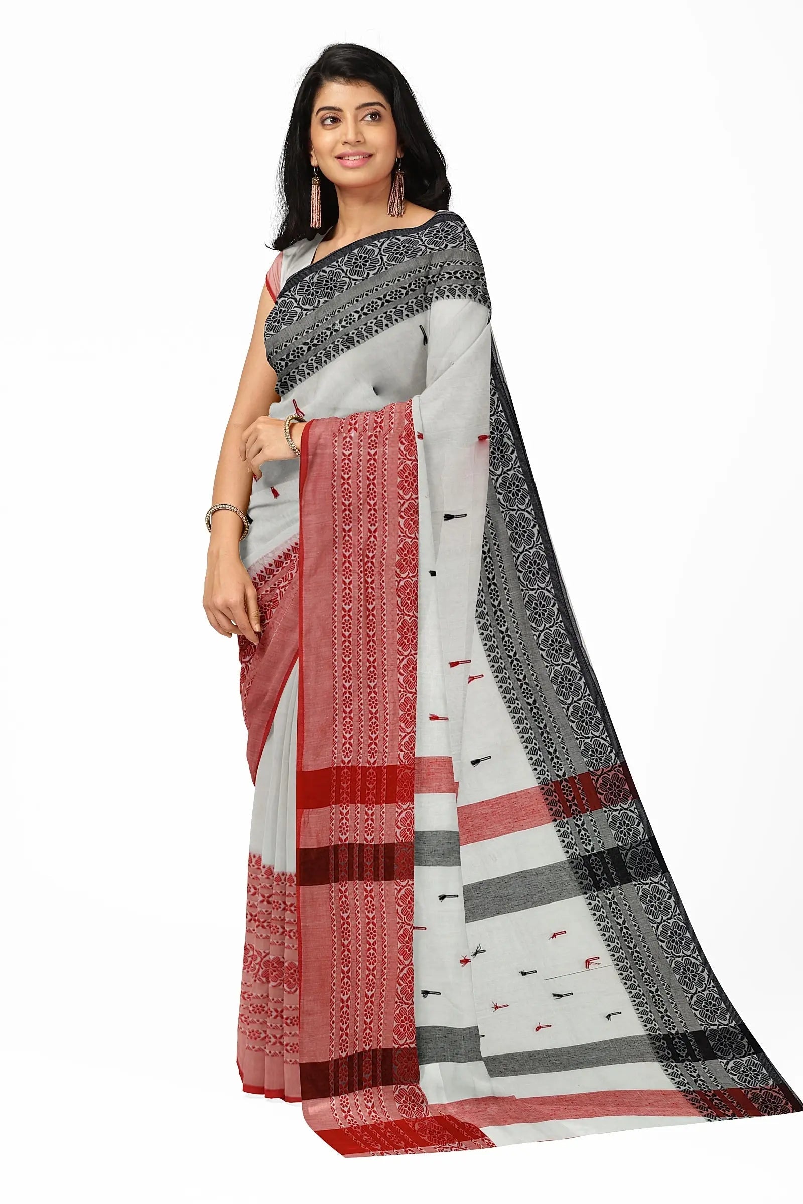 Begampuri saree Ganga Yamuna border with pompom white colour