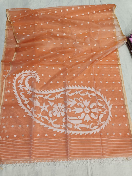 Bengal Muslin saree new design kolka - Orange