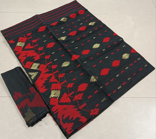 Black coloured Half silk jamdani from Bangladesh - Bangladesh jamdani