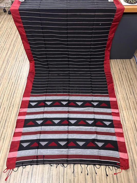 Black coloured khadi cotton Lines saree Putul's Fashion