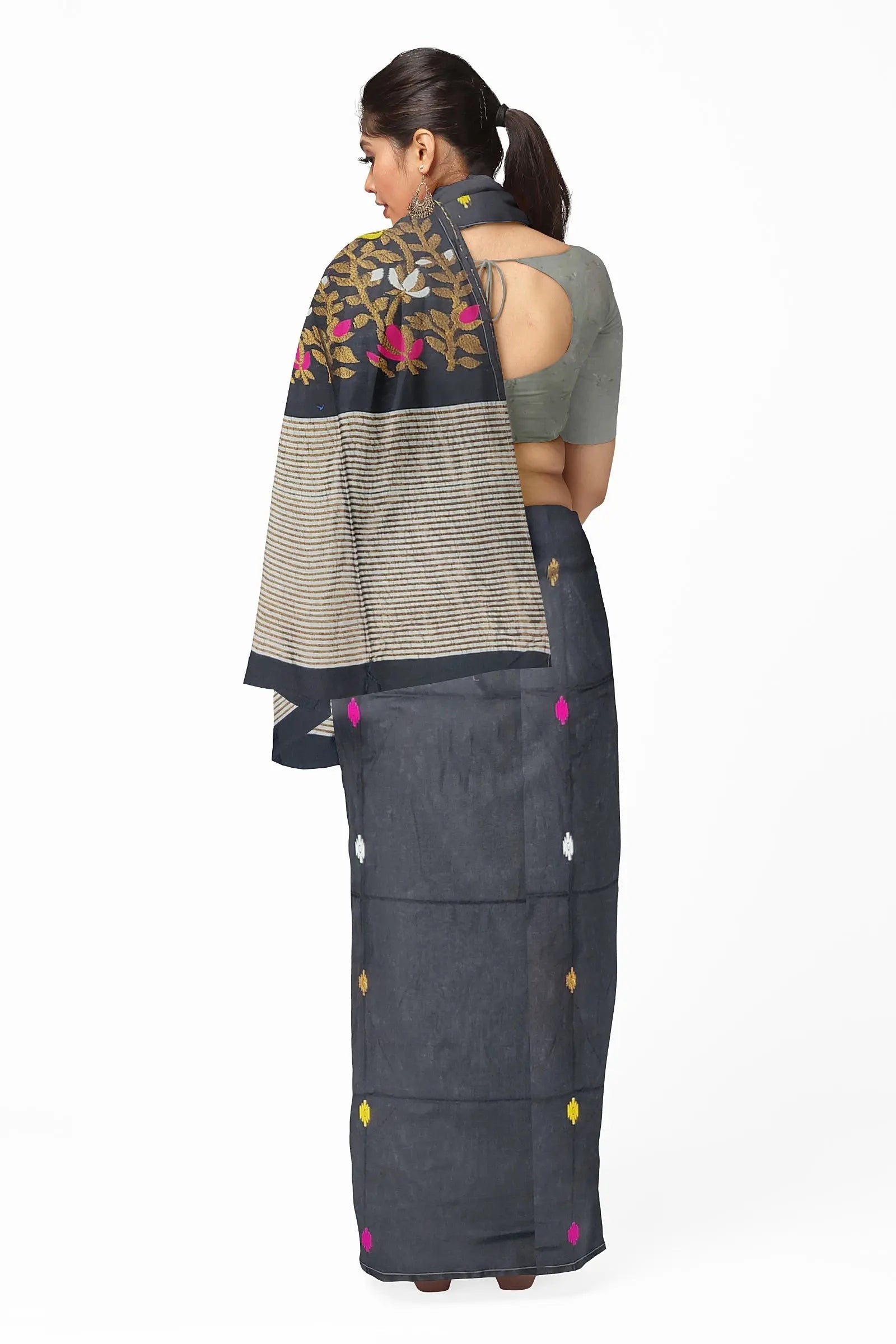 Black cotton handwoven saree buy online Putul's fashion