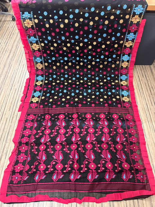 Black handwoven Bengal dhakai jamdani with multicoloured weaved butta