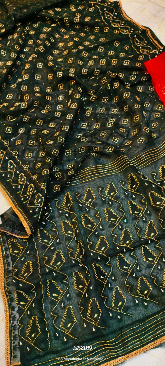 Black Jamdani Saree with Golden Karchupi Work from Putul’s Fashion - Ash - jamdani saree