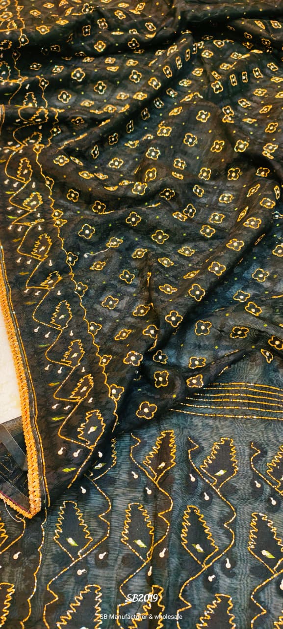 Black Jamdani Saree with Golden Karchupi Work from Putul’s Fashion - Ash - jamdani saree