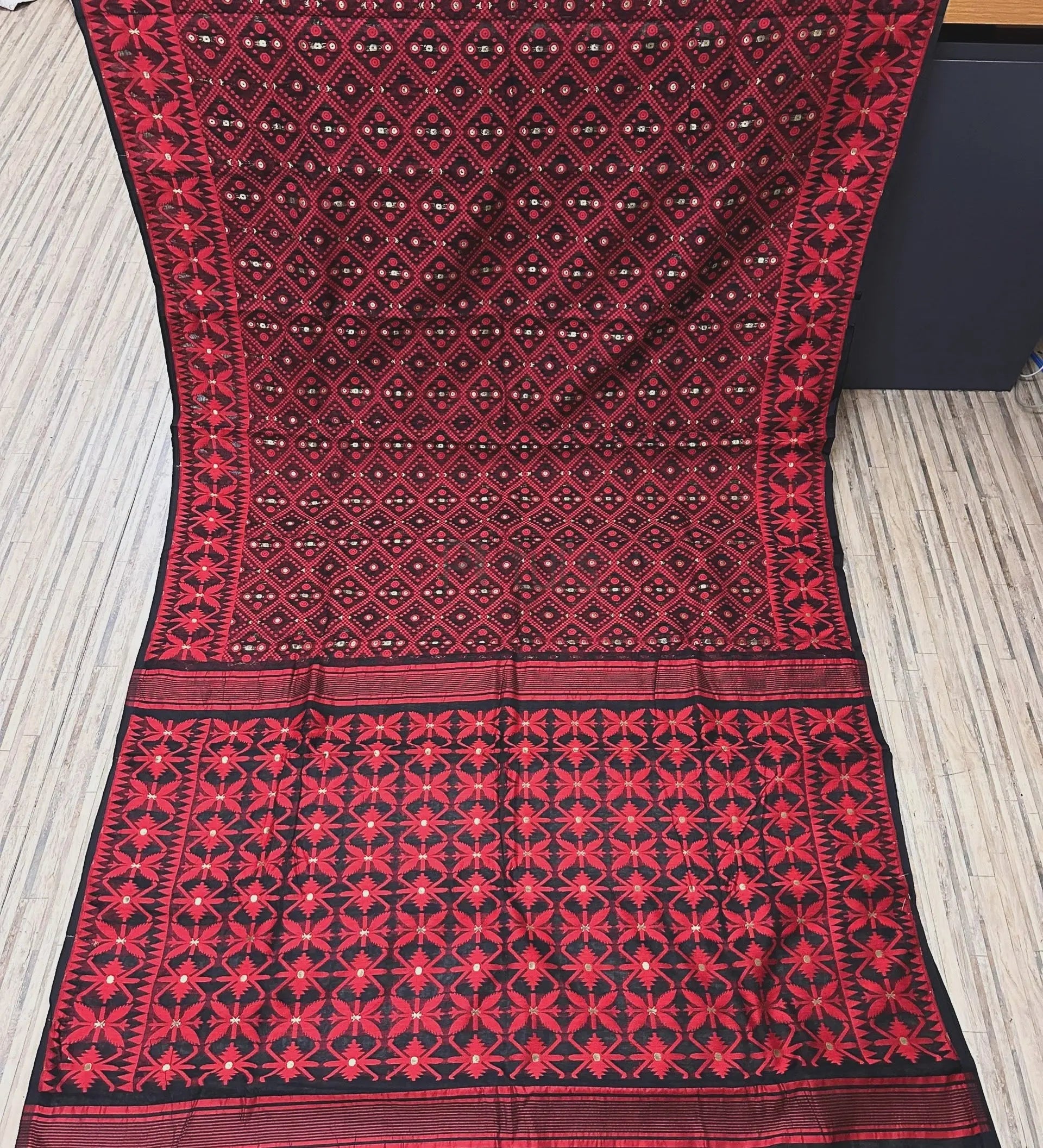 Black red combination resham dhakai jamdani saree Putul's Fashion