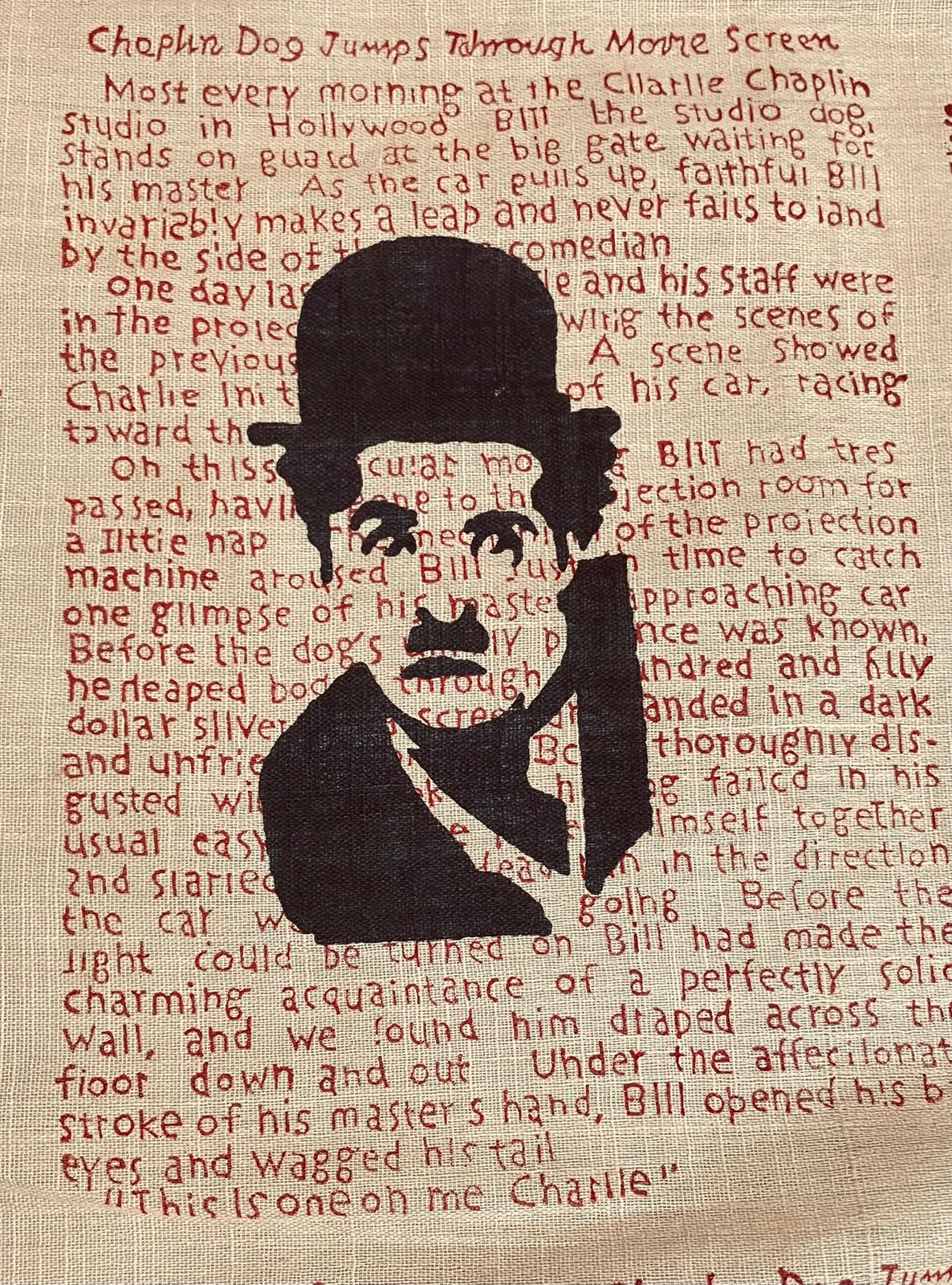 Block print script saree Charlie Chaplin motif
