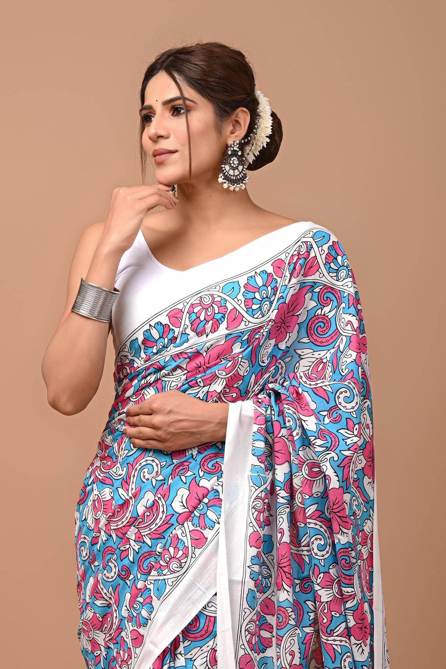 Block printed mulmul cotton saree