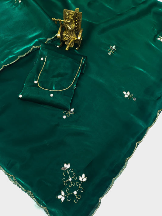 Bottle green Jimmy choo saree with handwork khatli work - Bottle green - Jimmy