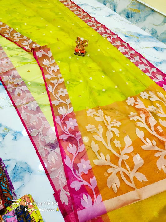 Bright lemon yellow Muslin jamdani saree - muslin saree