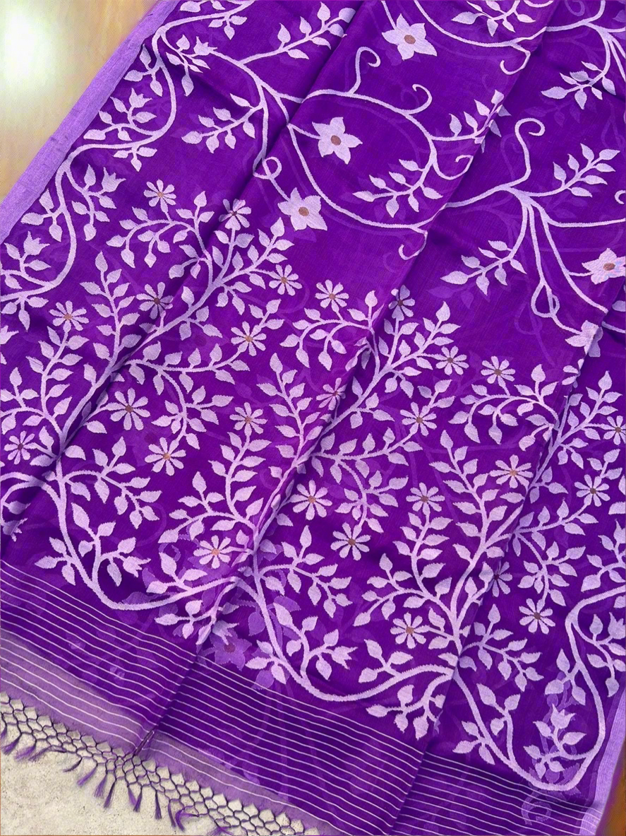 Brinjal violet Muslin Tantuj jamdani saree from Bengal - Black - Tantuj muslin
