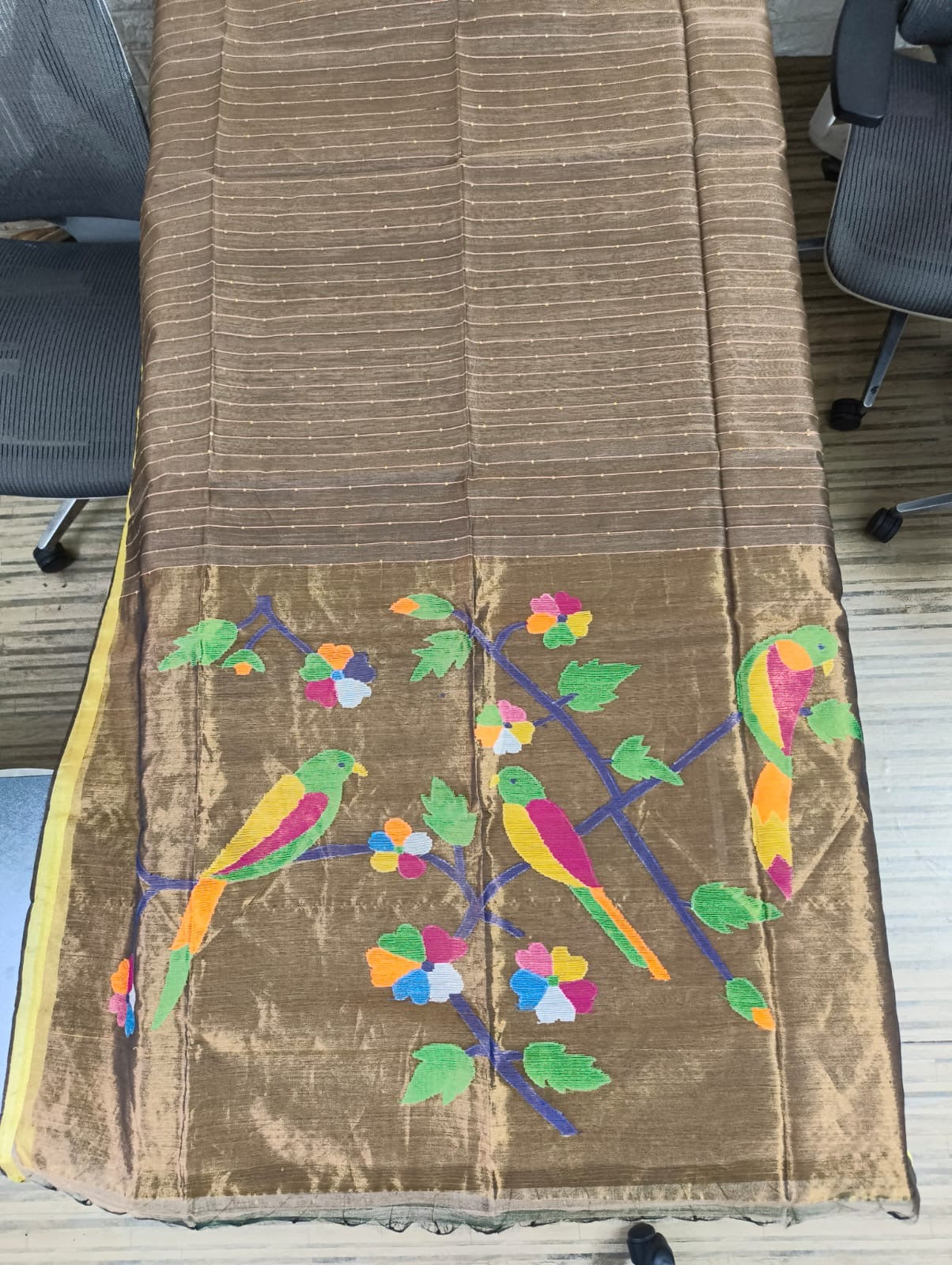 Brown Silk Sari with Embroidered Birds and Flowers for Putul’s Fashion