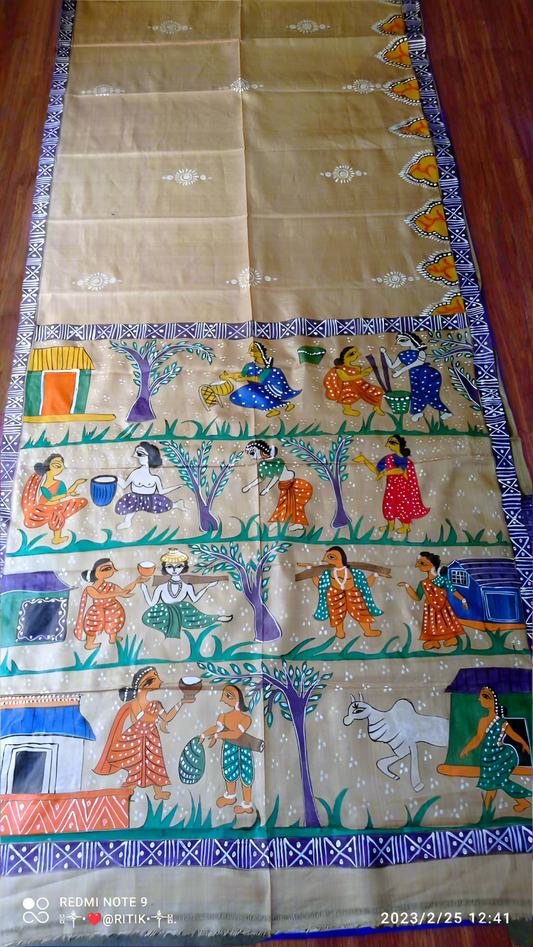 Madhubani hand painting on desi tussar silk saree silk mark certified village life art on saree - Tussar saree