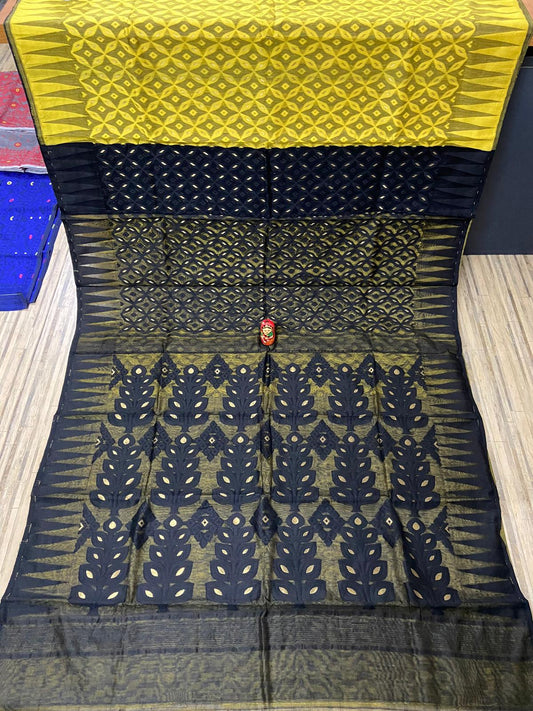 Black yellow jamdani saree - jamdani