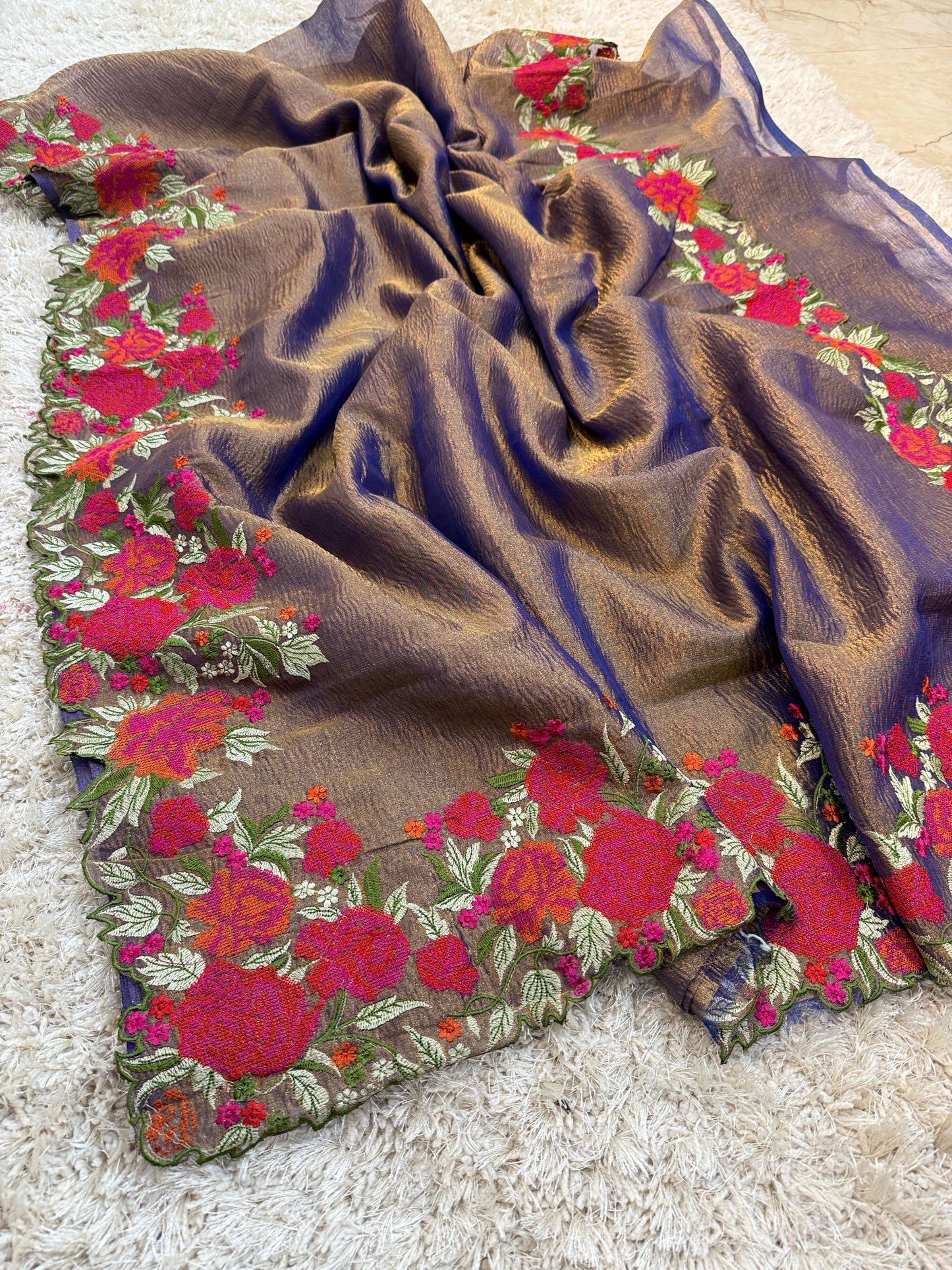 Crushed tissue Banarasi saree with embroidery work - Crushed tissue