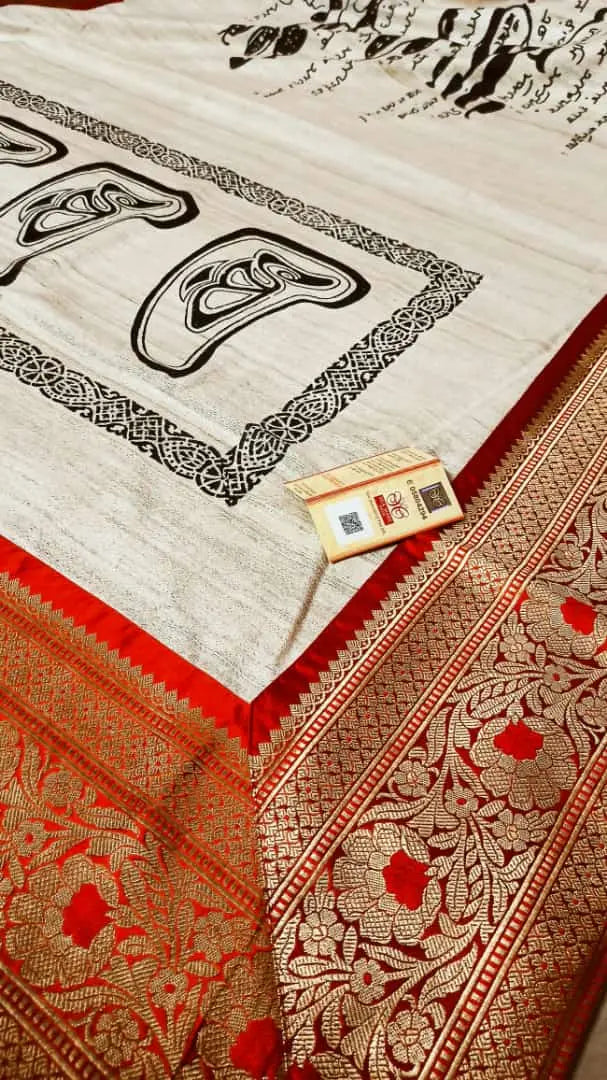 Block print scripts saree of kobiguru tussar silk My Store