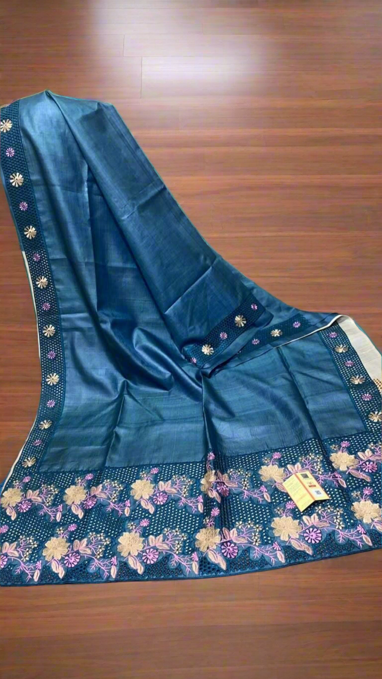 Cutwork border embroidery tussar silk saree silk mark certified - Teal blue