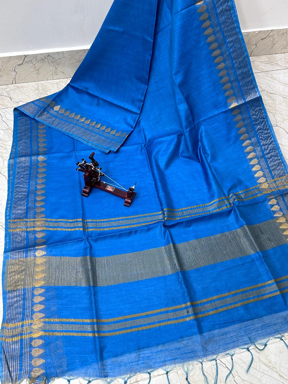 Semi tussar silk with banarasi zari border - Blue - silk saree