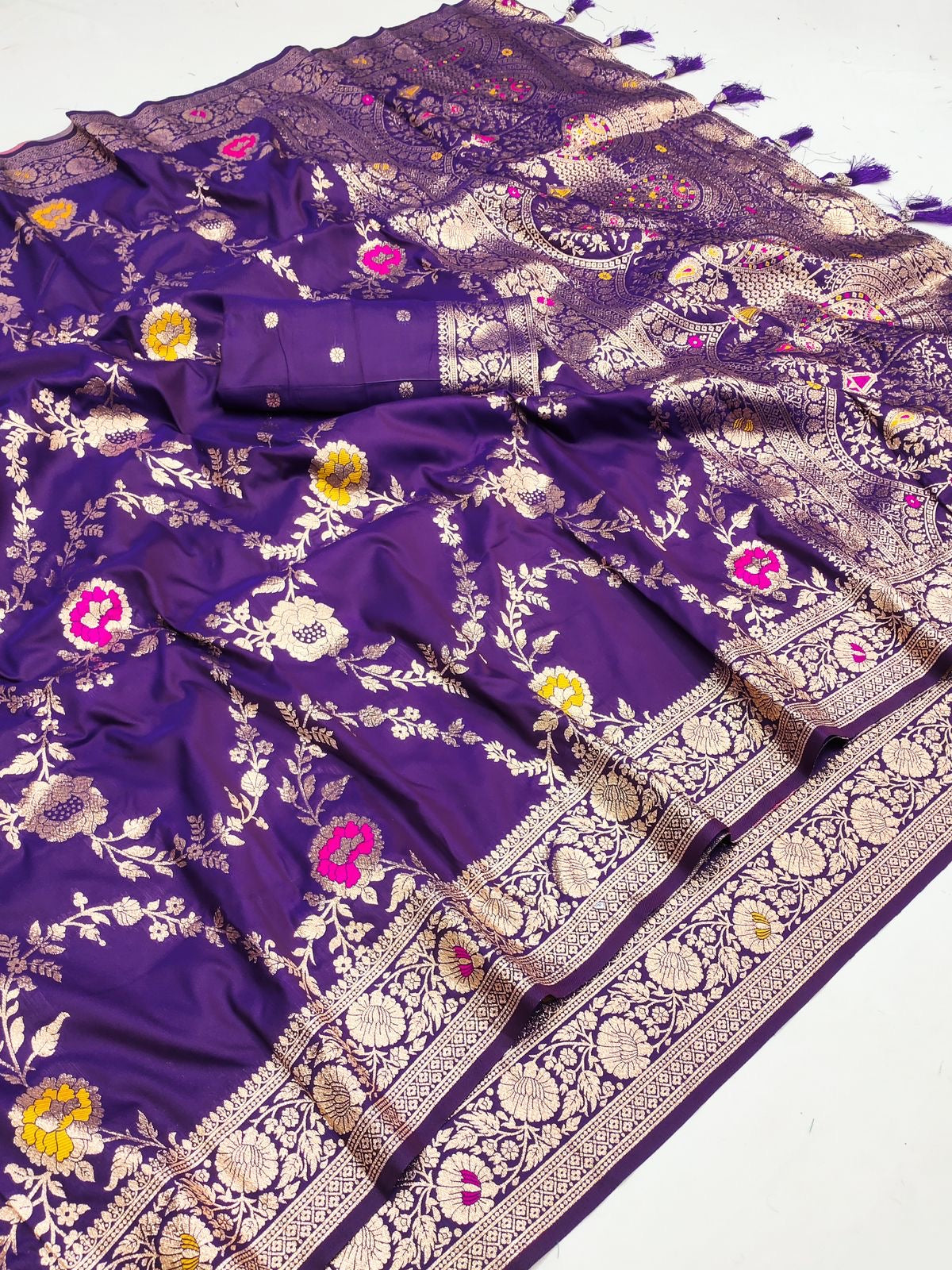 Minakari jaal katan silk saree - Purple - Banarasi Saree