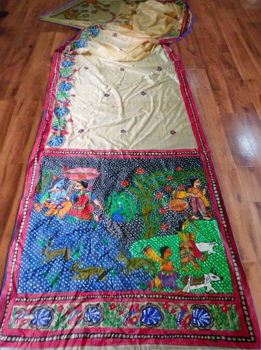 Madhubani hand painting on desi tussar silk saree silk mark certified village life art on saree - Tussar saree