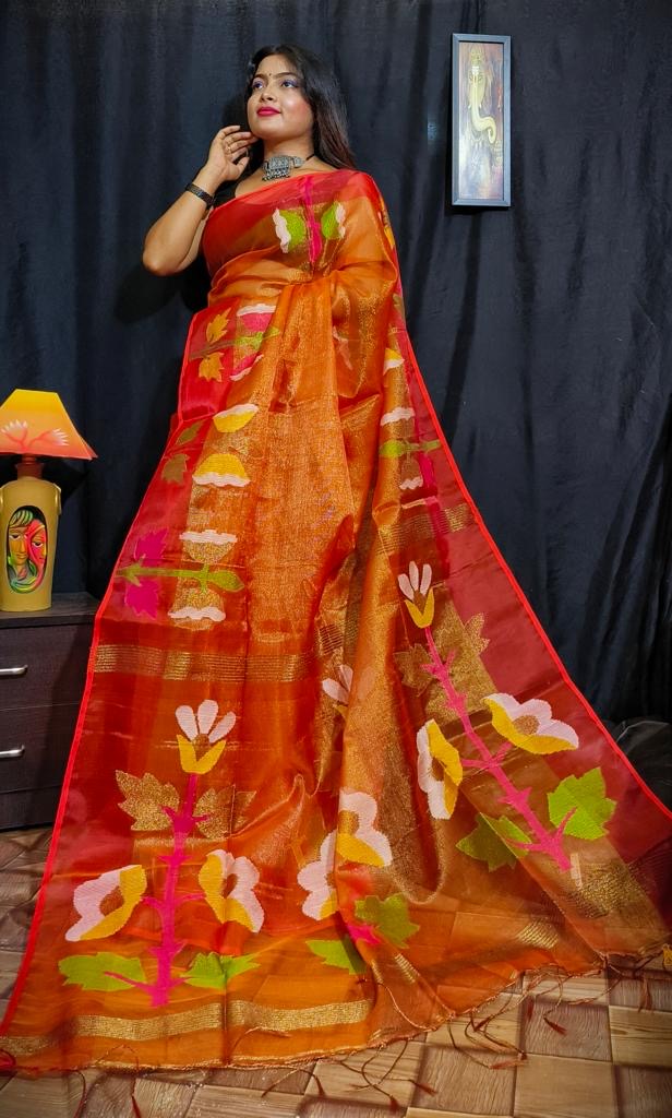 Lotus Muslin handwoven jamdani of Bengal - Orange - muslin saree