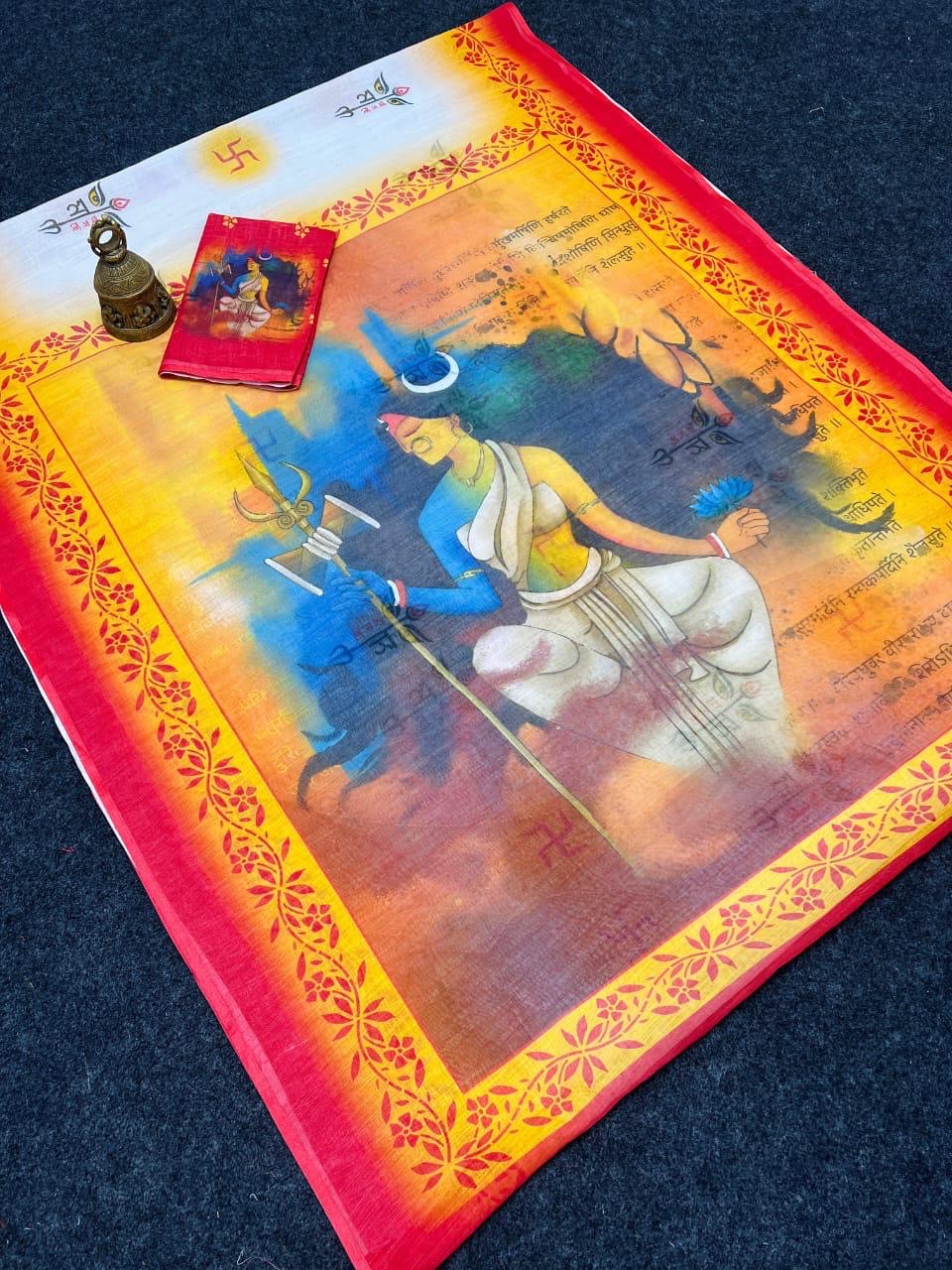 Linen Digital Print Saree puja motif - Durgatinasini