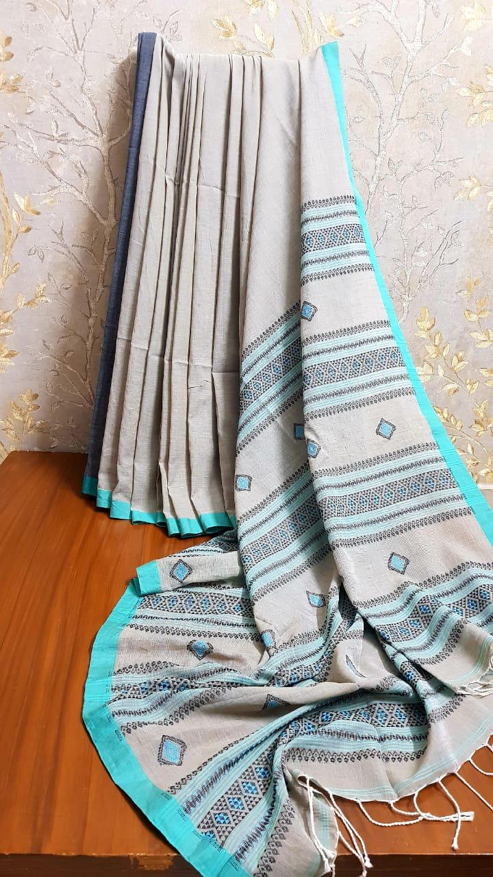 Khadi cotton jamdani saree of Bengal - Grey - Jamdani saree