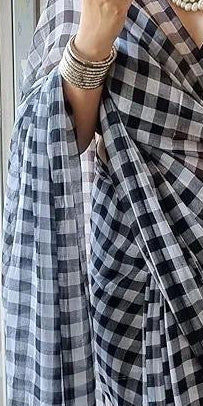 Checkered Mul cotton saree without blouse - Black
