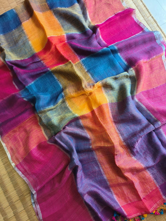 Colour block linen jamdani saree - Multicolor