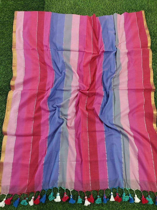 Colour block mulmul cotton saree - Red - Bengali saree