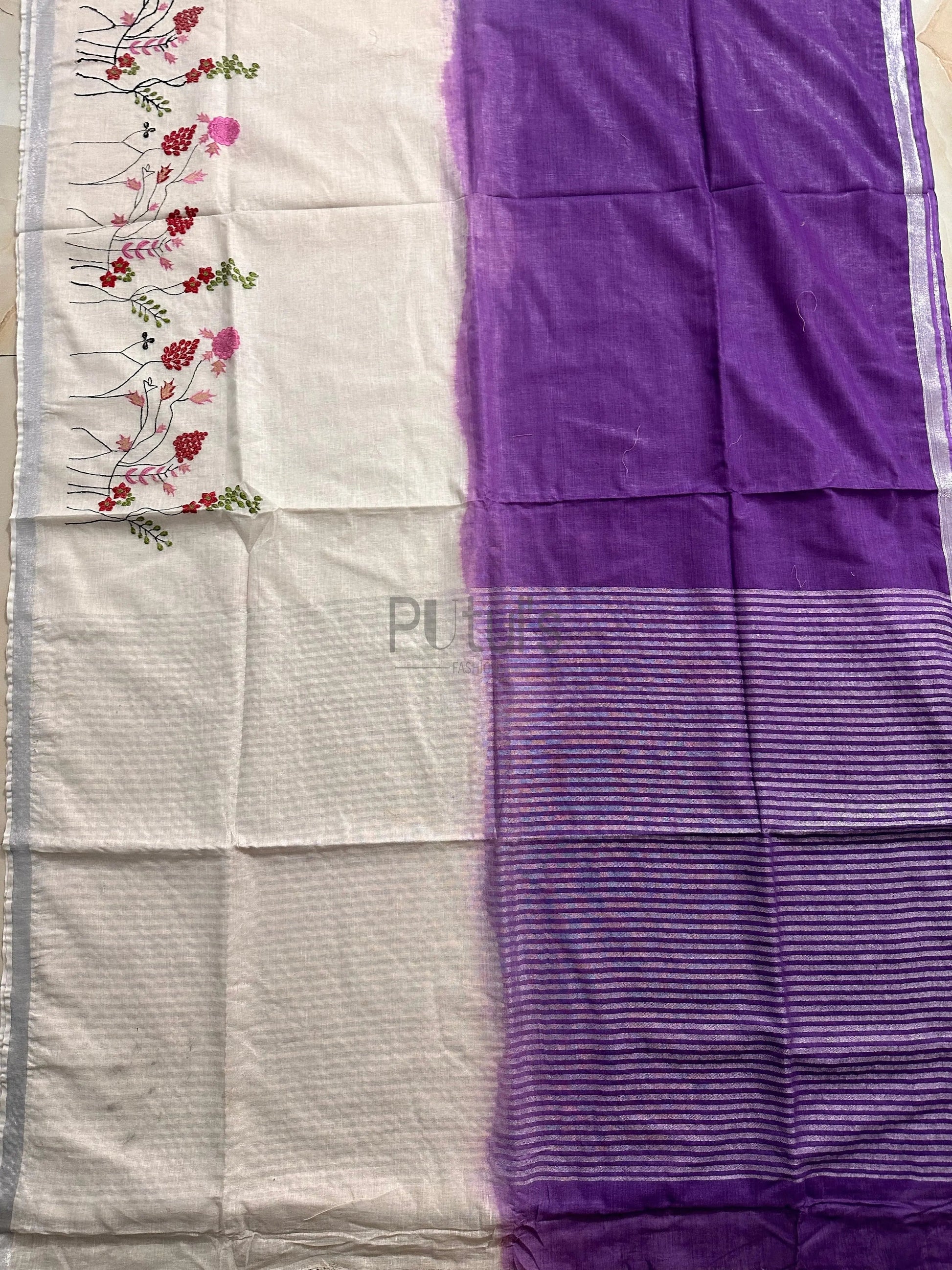 Computer embroidery on majestic Linen saree Super soft quality Putul's Fashion
