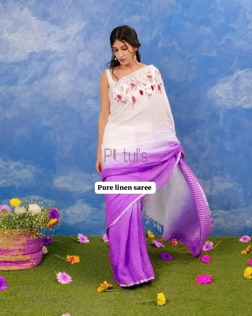 Computer embroidery on majestic Linen saree Super soft quality Putul's Fashion