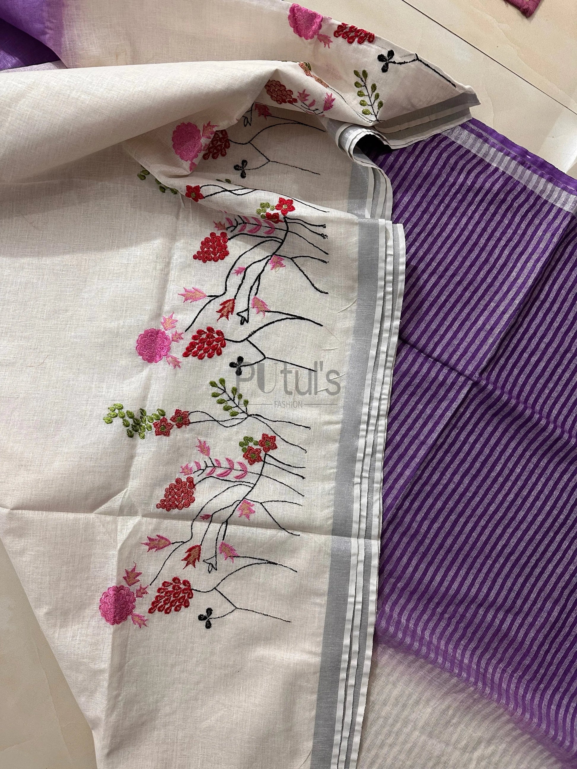 Computer embroidery on majestic Linen saree Super soft quality Putul's Fashion
