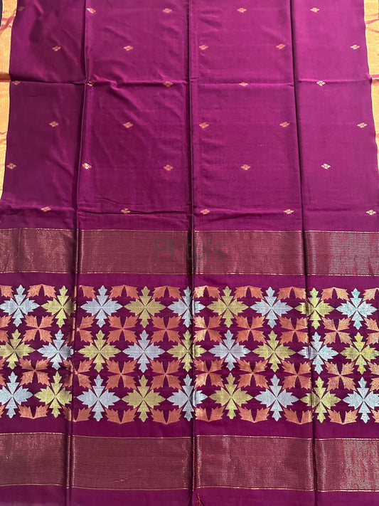 Copper silver and gola zari pallu on the mercerized cotton saree Putul's Fashion