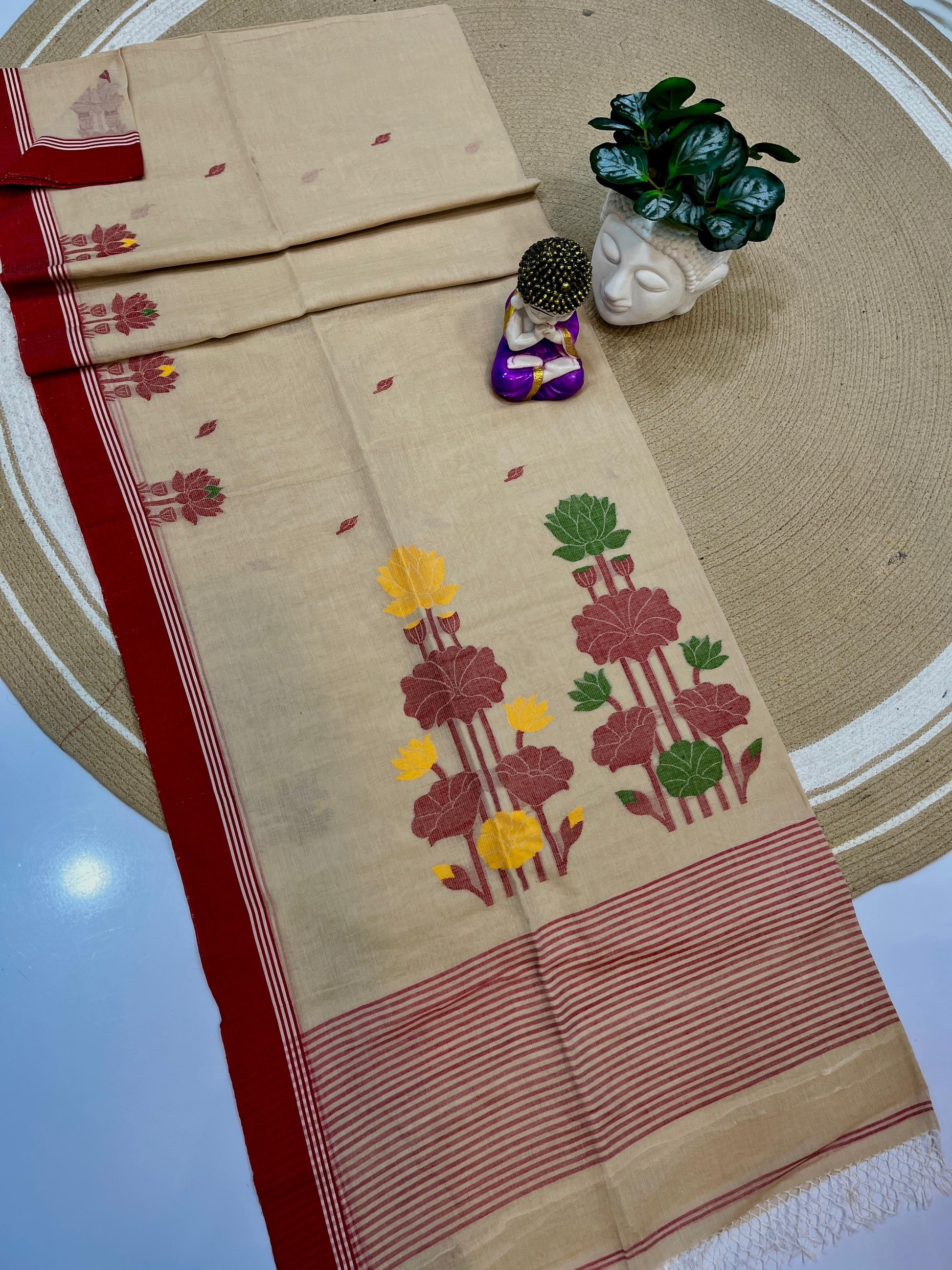 Cotton bi cotton jamdani saree - Beige - Cotton jamdani