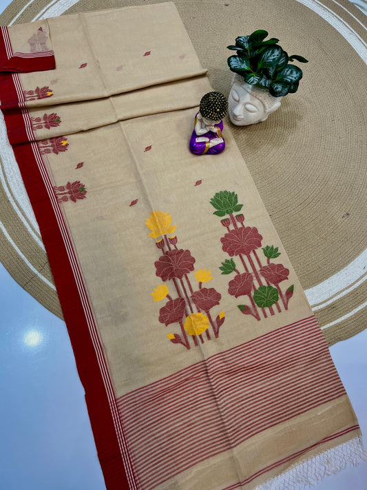 Cotton bi cotton jamdani saree - Beige - Cotton jamdani
